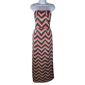 Milly NY Red White Geo Print Strapless Long Maxi Dress Silk